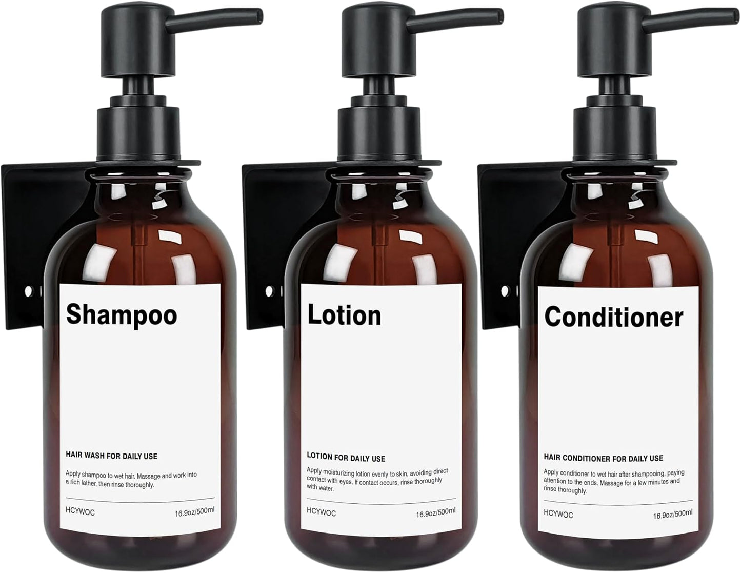3 Pack Wall Mount Shower Dispenser, No Drill, 16 Waterproof Labels | Shampoo Dispenser for Shower Wall, Shampoo and Conditioner Dispenser, Bathroom, 17oz, Gold Amber
