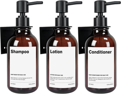 3 Pack Wall Mount Shower Dispenser, No Drill, 16 Waterproof Labels | Shampoo Dispenser for Shower Wall, Shampoo and Conditioner Dispenser, Bathroom, 17oz, Gold Amber