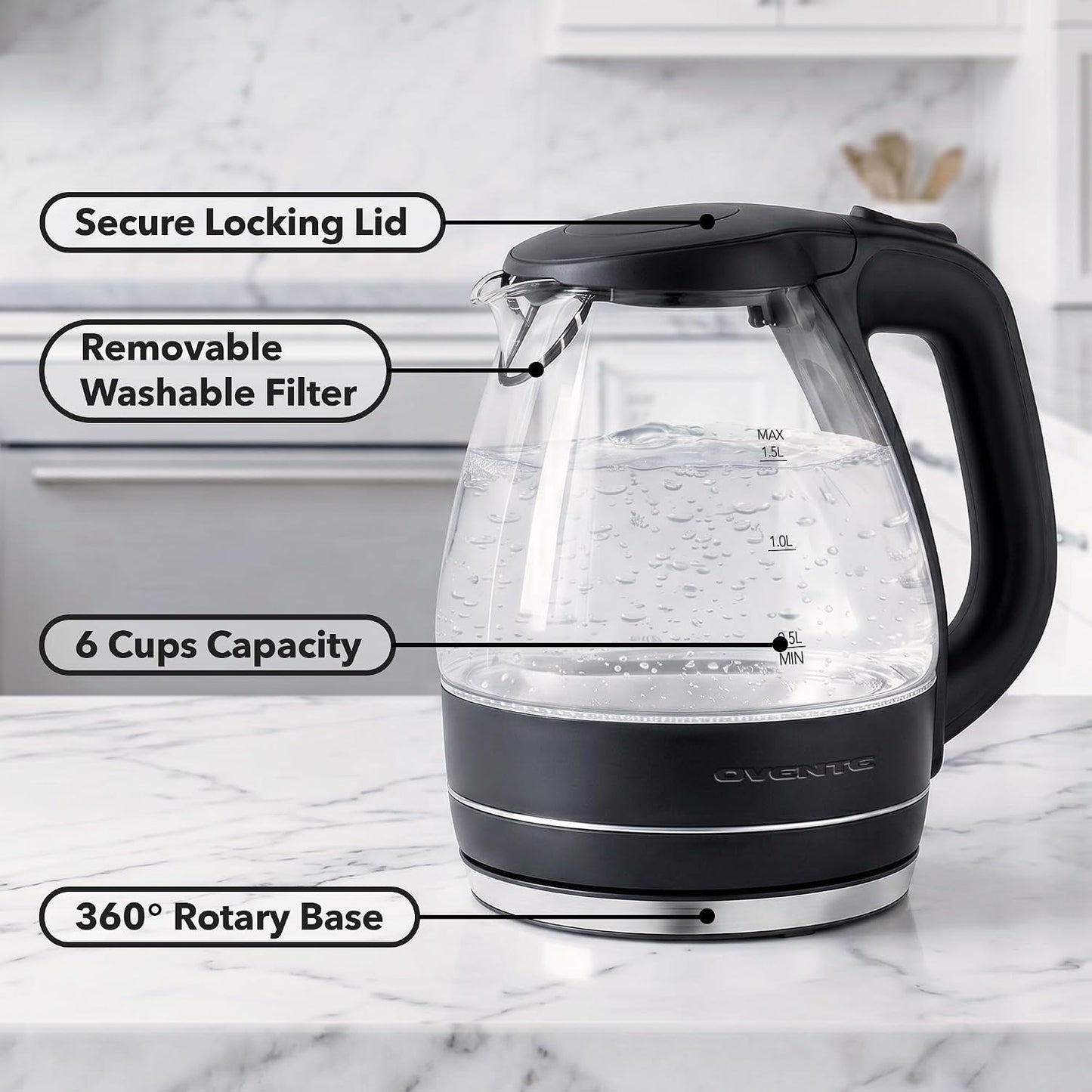OVENTE 1.5L Glass Electric Kettle Water Boiler, Black KG83B | 1100W Fast Boiling, Borosilicate Glass, BPA-Free, Blue LED, Auto Shut-Off, Boil-Dry Protection, Removable Filter, 360° Base