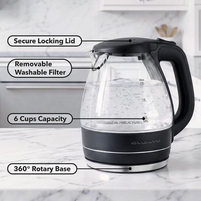 OVENTE 1.5L Glass Electric Kettle Water Boiler, Black KG83B | 1100W Fast Boiling, Borosilicate Glass, BPA-Free, Blue LED, Auto Shut-Off, Boil-Dry Protection, Removable Filter, 360° Base