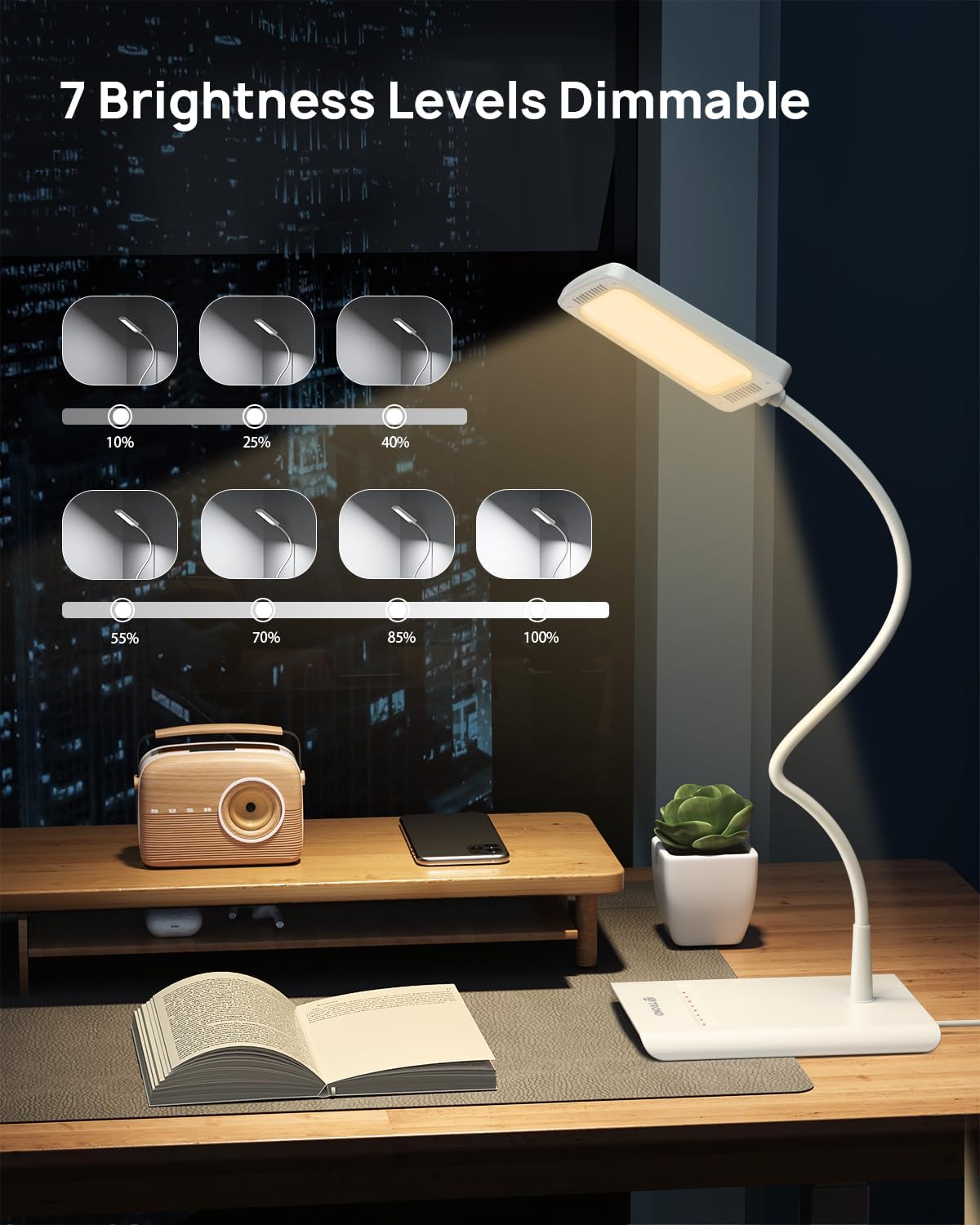 TROND Desk Lamp, Dimmable Eye-Caring Table Lamp, Memory Function, Black | 3 Color Modes 7 Brightness Levels, Flexible Gooseneck, Touch Control, Desk Light for Home Office Dorm Room Essentials