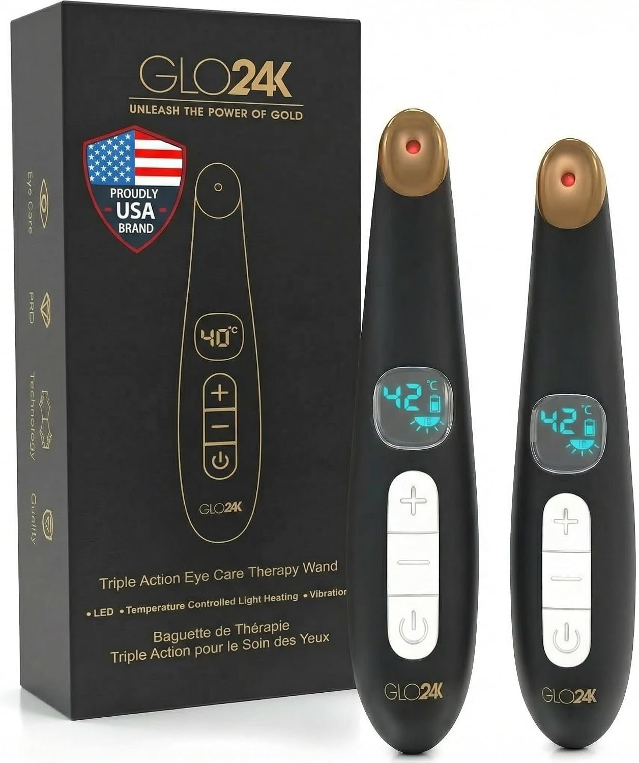 GLO24K Heated Eye Wand & Eye Massager Tool - Gentle Warmth & Vibration for Smoother-Looking Skin, Refreshing Under-Eyes Massage, Portable Beauty Device