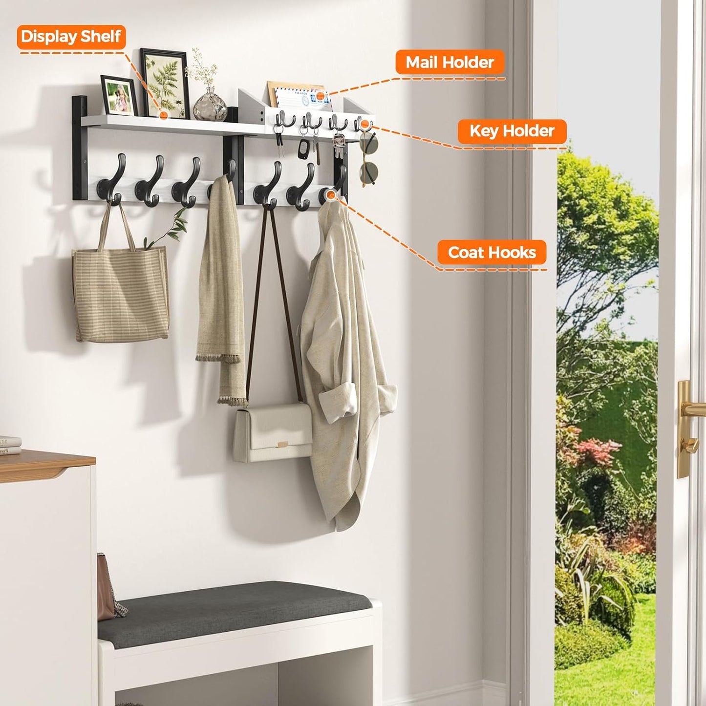 Evermagin 29" Coat Rack Wall Mount with Shelf for Entryway, Rustic Brown | Wall Mounted Coat and Key Rack with Hooks, Key Holder with Mail Organizer for Wall, Living Room, Mudroom, Bedroom