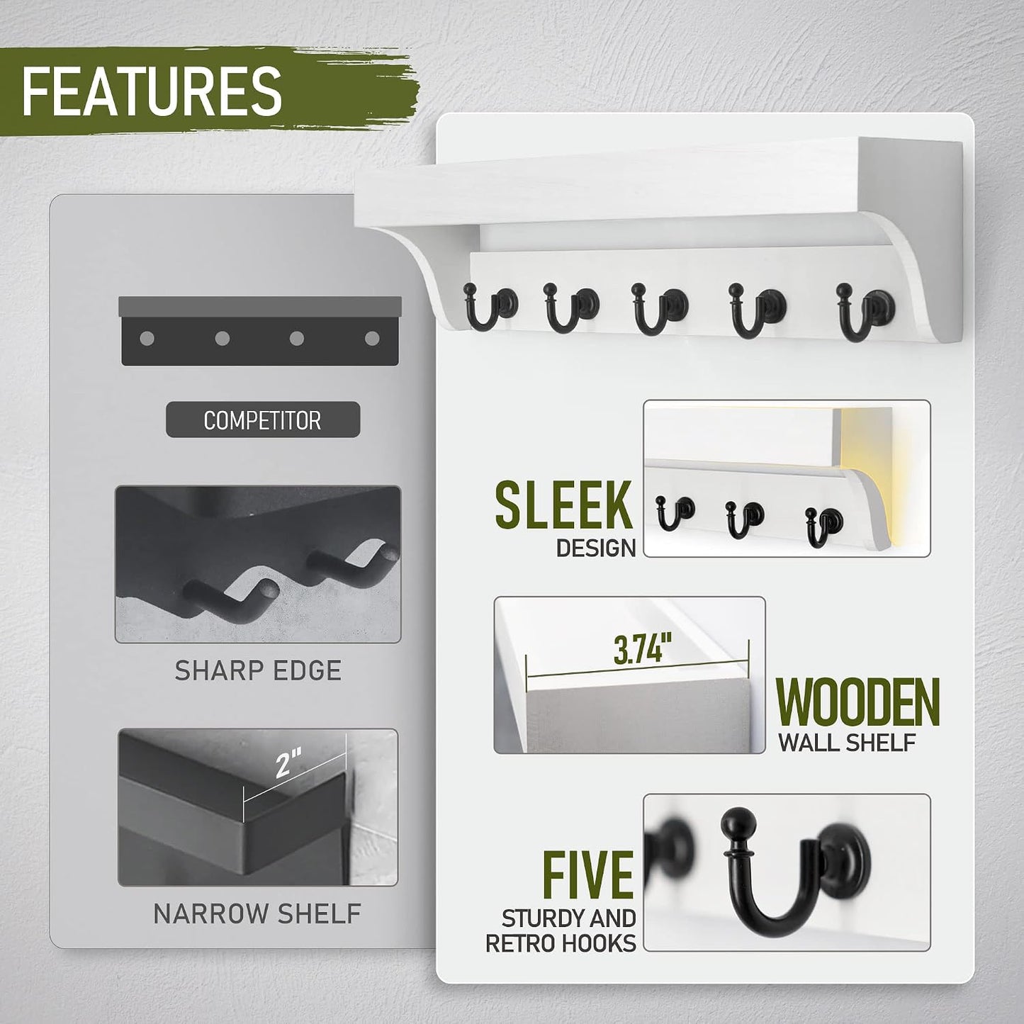 Rebee Vision Key Holder Wall Mount with 5 Hooks for Entryway, Retro Brown | Display Shelf for Plant & Letters, Key Shelf for Hats, Dog Leashes, Mail Organizer, Decorative Entryway & Living Room