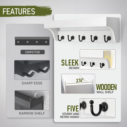 Rebee Vision Key Holder Wall Mount with 5 Hooks for Entryway, Retro Brown | Display Shelf for Plant & Letters, Key Shelf for Hats, Dog Leashes, Mail Organizer, Decorative Entryway & Living Room