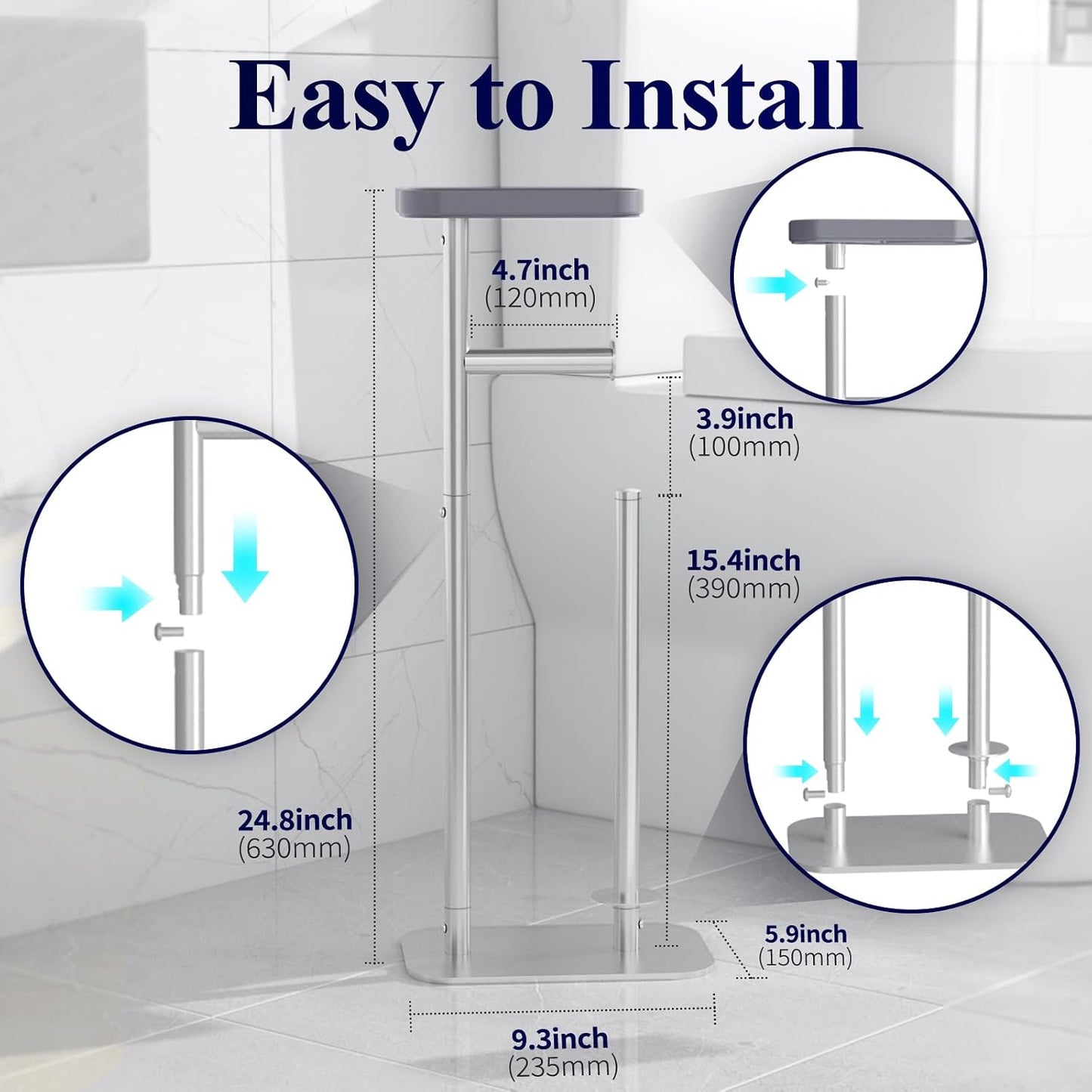 Kitsure Metal Toilet Paper Holder Free Standing, Medium, Black | Rustproof Toilet Paper Stand for 4 Rolls, Bathroom Organizers and Storage with Anti-Slip Base and Plastic Shelf