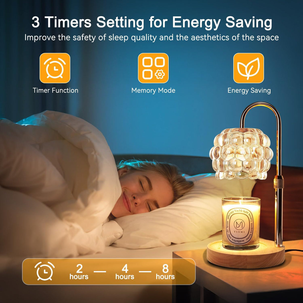 Candle Warmer Lamp with Timer Adjustable - Height Candle Warmer, Dimmer, Black Glass Wax Melting Lamps for Home Decor, for Candles in Jars with 2 Bulbs