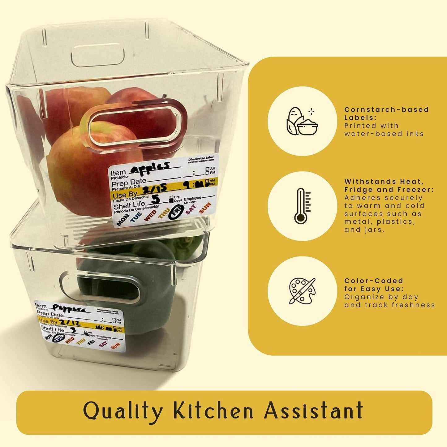 InStockLabels Dissolvable Food Rotation Labels, 2 x 3 Inch, 500 Labels | Rotation food stickers for kitchen and restaurant supplies, jars, containers, freezer storage, prep stations, and catering