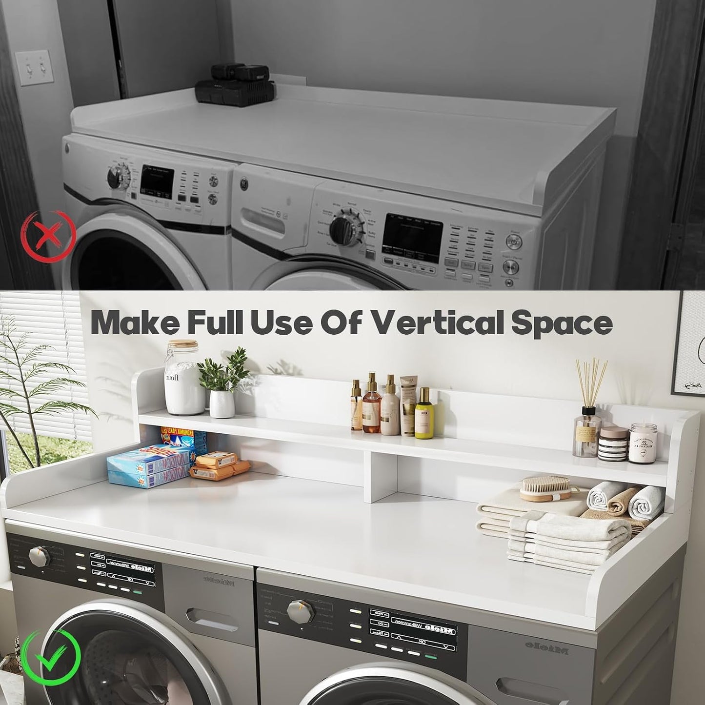 2-Tier Washer and Dryer Countertop with 2.75" H Guard,54" W x 27.5" D Laundry Countertop Cover with Non-Slip Pad,Large Space Laundry Topper for Folding Clothes Over Washer and Dryer-White