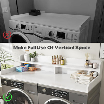 2-Tier Washer and Dryer Countertop with 2.75" H Guard,54" W x 27.5" D Laundry Countertop Cover with Non-Slip Pad,Large Space Laundry Topper for Folding Clothes Over Washer and Dryer-White