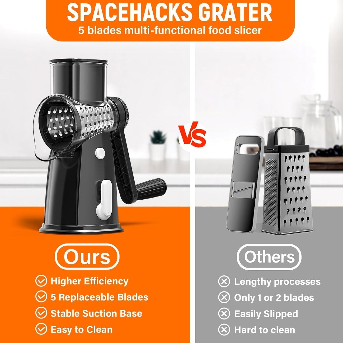 Rotary Cheese Grater Hand Crank with 5 Interchangeable Blades, Vegetable Slicer Chopper for Fruit Vegetable Nuts, Mandoline Slicer for Kitchen with Blades Rack & Suction Base, White