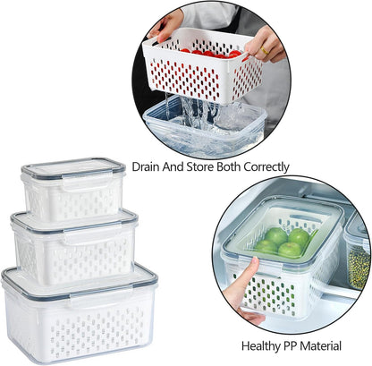 3 PCS Fruit Storage Containers for Fridge with Removable Colander, Leak proof Food Storage Containers, Airtight Food Storage Containers, Food Storage Container with Lids, Keep Food Meat Fresh
