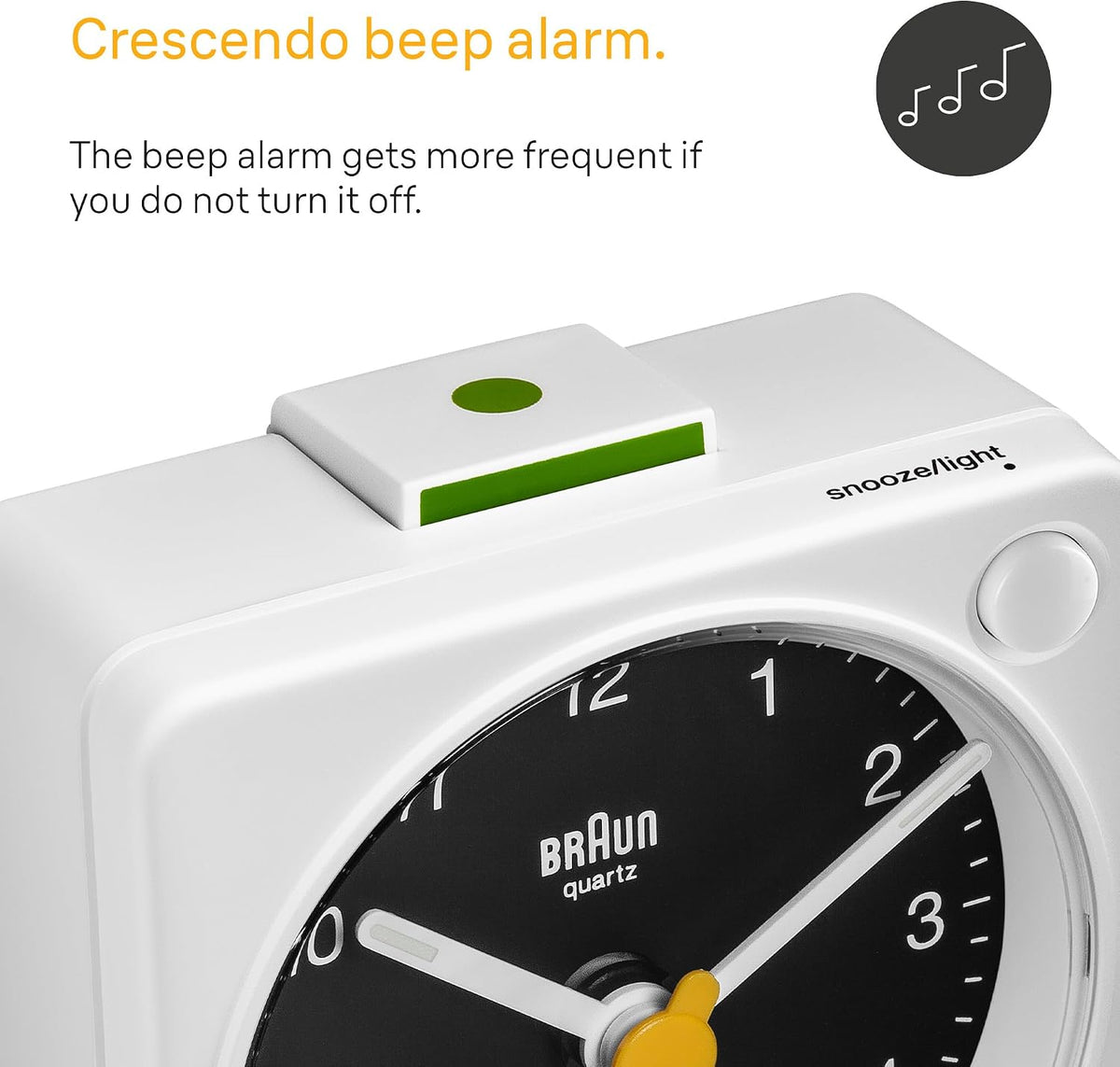 Braun Classic Travel Analogue Alarm Clock with Snooze and Light, Compact Size, Quiet Quartz Movement, Crescendo Beep Alarm in Black and White, Model BC02XBW.
