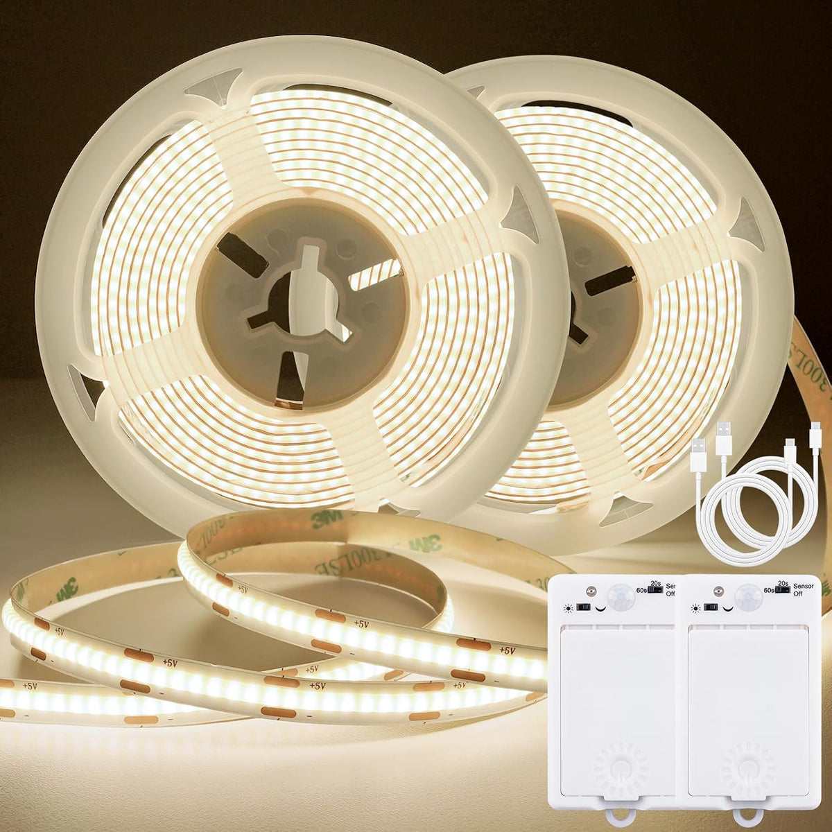 OMIKA Dual Sensor Stair Lights Indoor, Rechargeable 16.4ft LED Strip Light, 150 LEDs Double Motion Activated Under Bed Night Lights for Shelves, Stairway, Closet, Corridor, Bedroom, 6000K Cool White