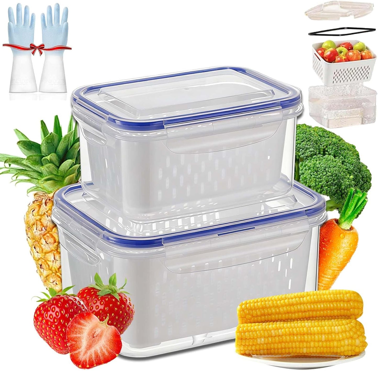 4 In 1 Food Storage Container, Fruit Storage Containers for Fridge, Household Transparent Plastic Food Storage Box-Including Drain Basket, Soak, Wash, Drain, and Store (Gray, S+M+L)