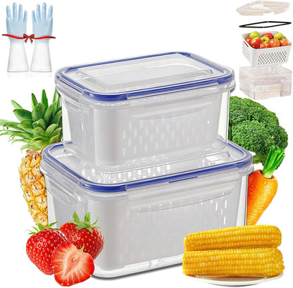 4 In 1 Food Storage Container, Fruit Storage Containers for Fridge, Household Transparent Plastic Food Storage Box-Including Drain Basket, Soak, Wash, Drain, and Store (Gray, S+M+L)