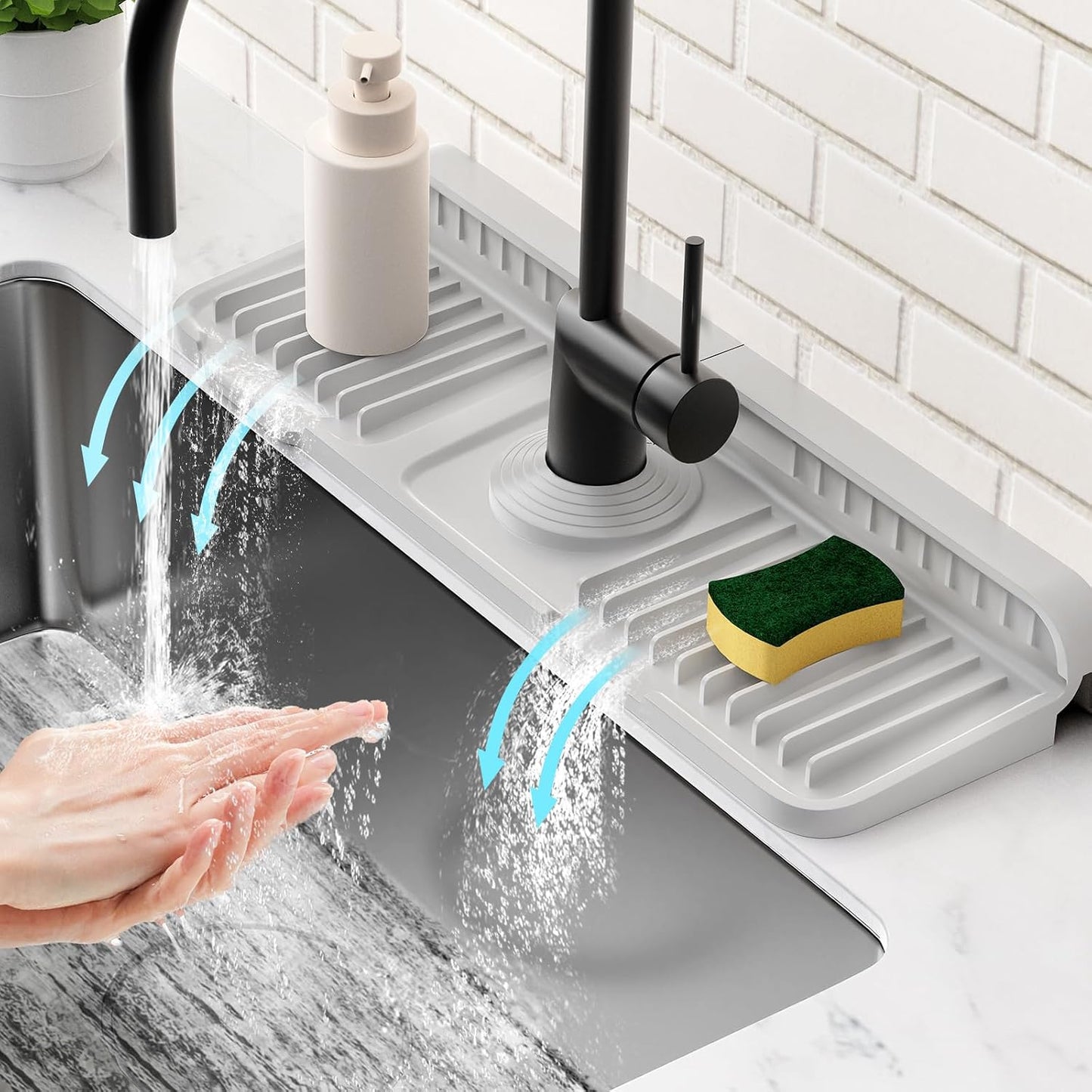 24'' Longer Faucet Mat for Kitchen Sink Splash Guard[7° Slope Fast Self-draining][Snap Lock Fit]Kitchen Sink Faucet Mat Splash Guard Kitchen Sink Area Water Splash Guard Behind Faucet Draining Mat