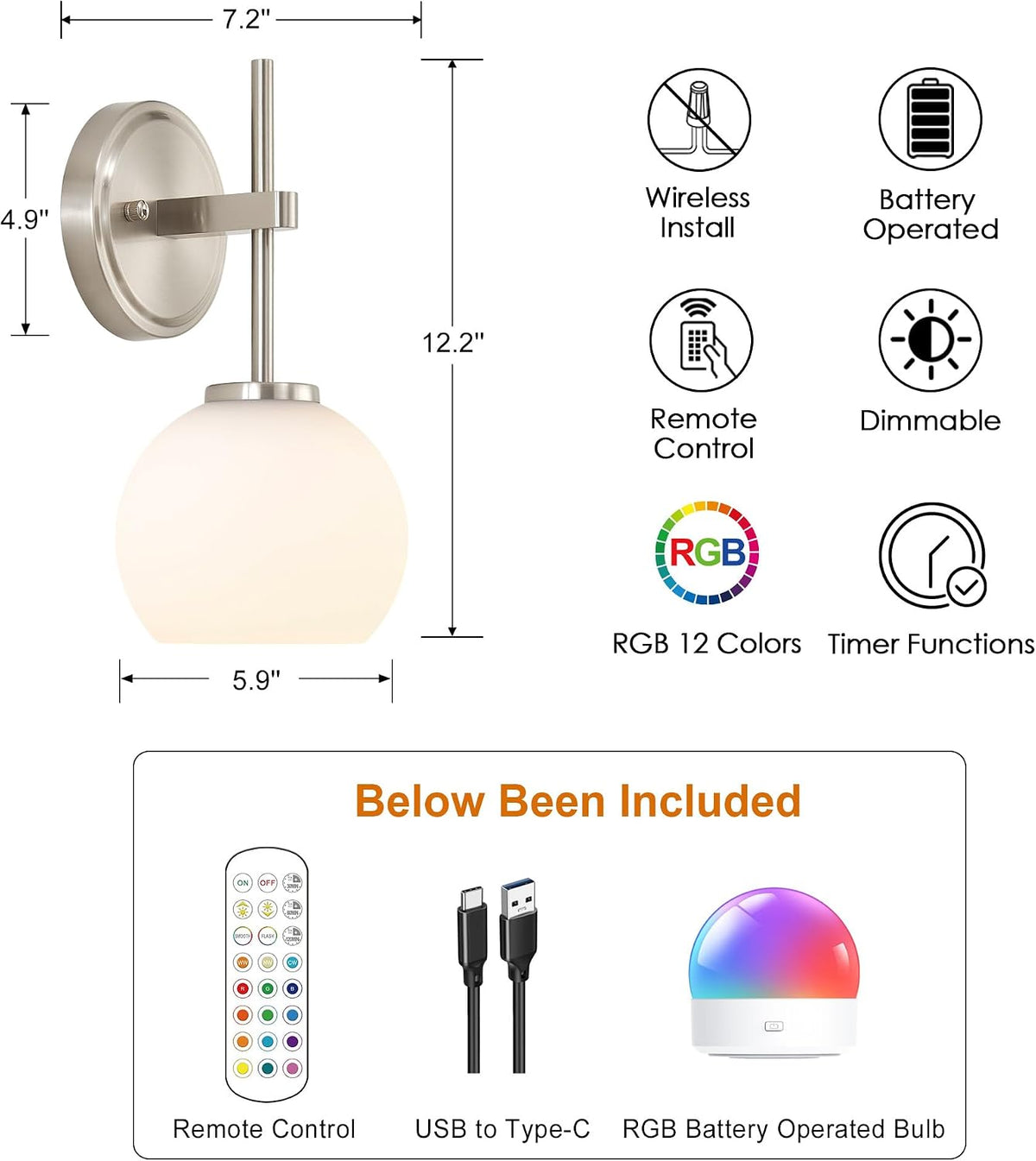 Wireless Wall Sconces with Remote Control, Battery Operated Wall Sconce Set of 2, Black & Gold Rechargeable Dimmable Wall Light for Bedroom Living room Bathroom Hallway Entryway Stairwell, 3000K