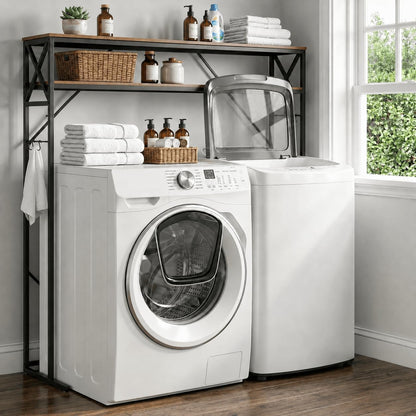 Laundry Over The Washer and Dryer Storage Shelf, 2 Tiers Laundry Room Freestanding Shelf with Adjustable Shelves, Double Layer Organizer for Top Load and Front Load Washers Dryers