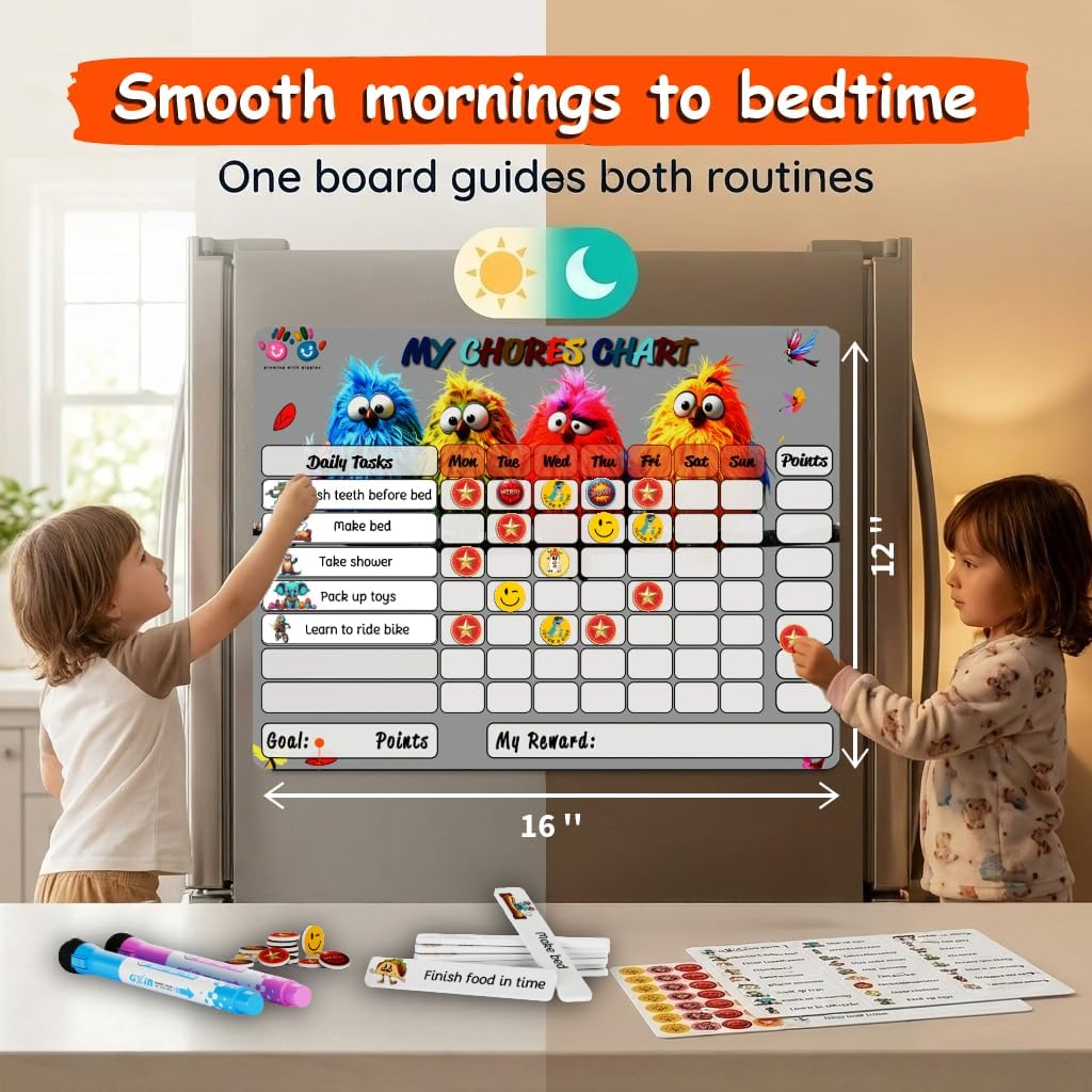 Mimi Doodle Magnetic Chore Chart for Kids – 16x12 Dry Erase Daily Responsibility Board for Fridge with 39 Chore tabs, 100 Reward Stickers – Behavior Chart for Kids at Home – Simple Theme