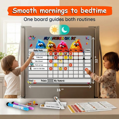 Mimi Doodle Magnetic Chore Chart for Kids – 16x12 Dry Erase Daily Responsibility Board for Fridge with 39 Chore tabs, 100 Reward Stickers – Behavior Chart for Kids at Home – Simple Theme