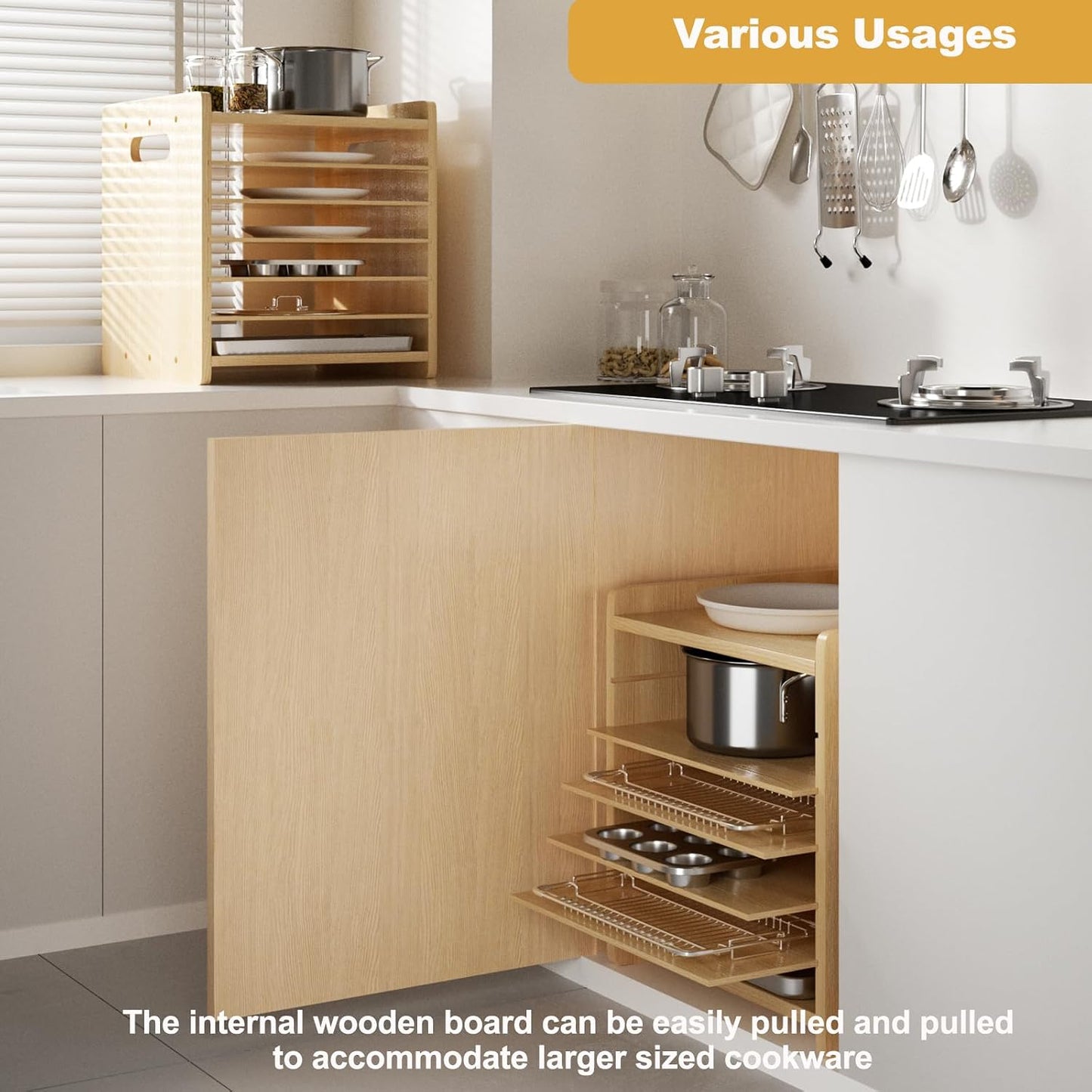 7 Tier Wooden Tray Dividers for Cabinets Cookie Sheet Organizer for Pot, Pans, Baking Tray Organizer for Kitchen Documents Storage(20" W x 16.5" H x 15.2" D)