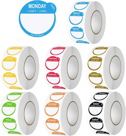 7000 Pcs 1 Inch Removable Day Dots Food Labels | 7 Rolls Date Stickers for Food, No-Residue Left, Day Labels for Restaurant Kitchen Containers, Self Adhesive Day Dot Sticker