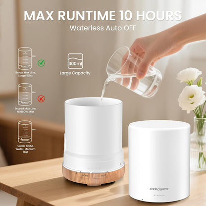 URPOWER 300ml Essential Oil Diffuser: Ultrasonic Aromatherapy Diffuser Quiet Auto Shut-Off, 4 Timer Settings(1H 3H 6H ON) & 7-Color Night Light Humidifier for Yoga Bedroom Living Room Office
