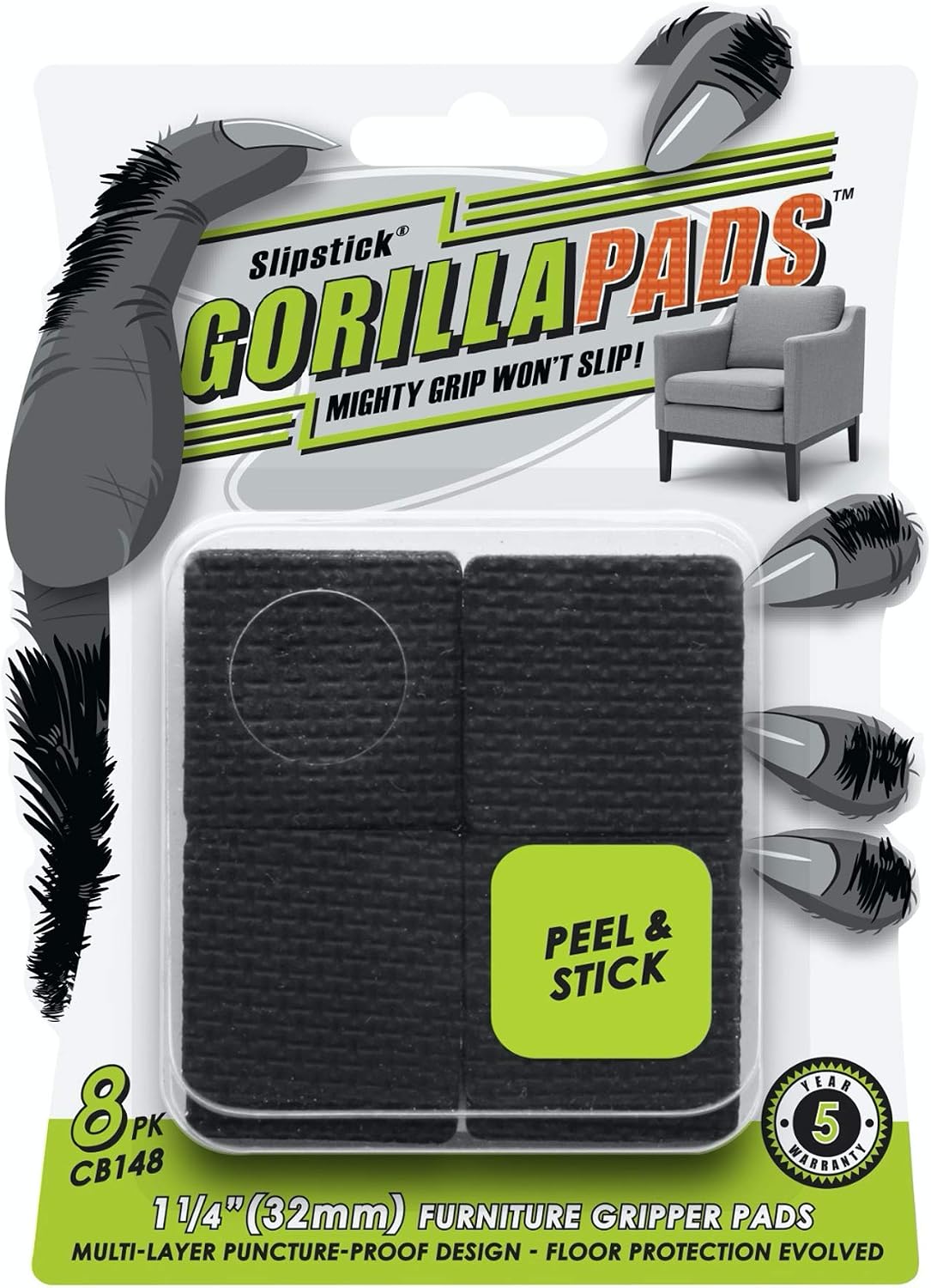 Slipstick GorillaPads CB147 Non Slip Furniture Pads/Gripper Feet (Set of 16) Self Adhesive Rubber Floor Protectors, 1 inch Round, Black