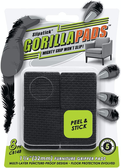 Slipstick GorillaPads CB147 Non Slip Furniture Pads/Gripper Feet (Set of 16) Self Adhesive Rubber Floor Protectors, 1 inch Round, Black