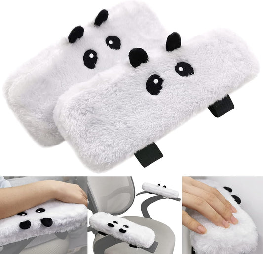 2Pack Plush Panda Chair Armrest Pads, Memory Foam Kawaii Chair Armrest Cushion with Velcro Strap, Adjustable & Washable Ergonomic Elbow Support Decompression for Home Office Gaming Chair