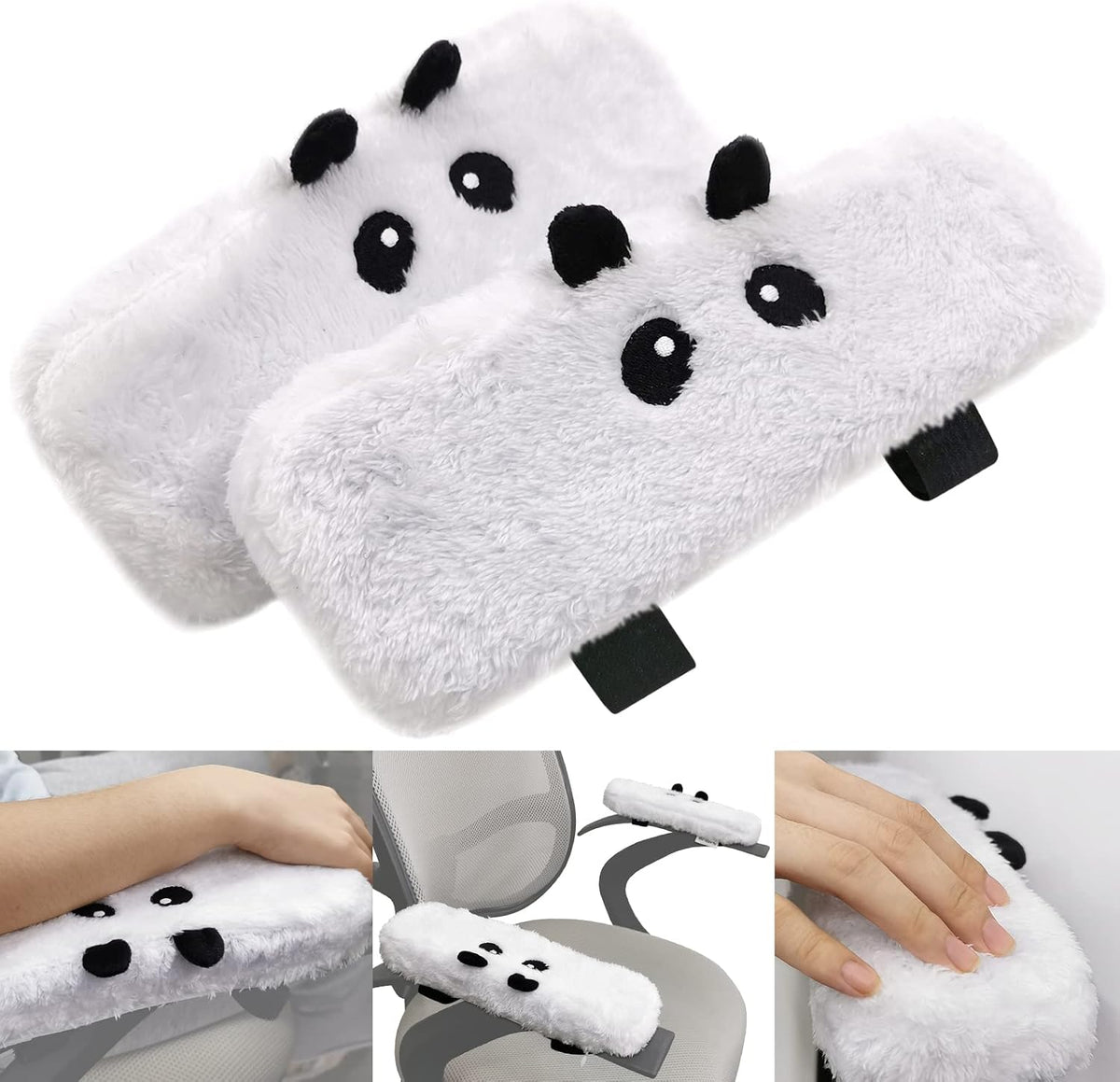 2Pack Plush Panda Chair Armrest Pads, Memory Foam Kawaii Chair Armrest Cushion with Velcro Strap, Adjustable & Washable Ergonomic Elbow Support Decompression for Home Office Gaming Chair