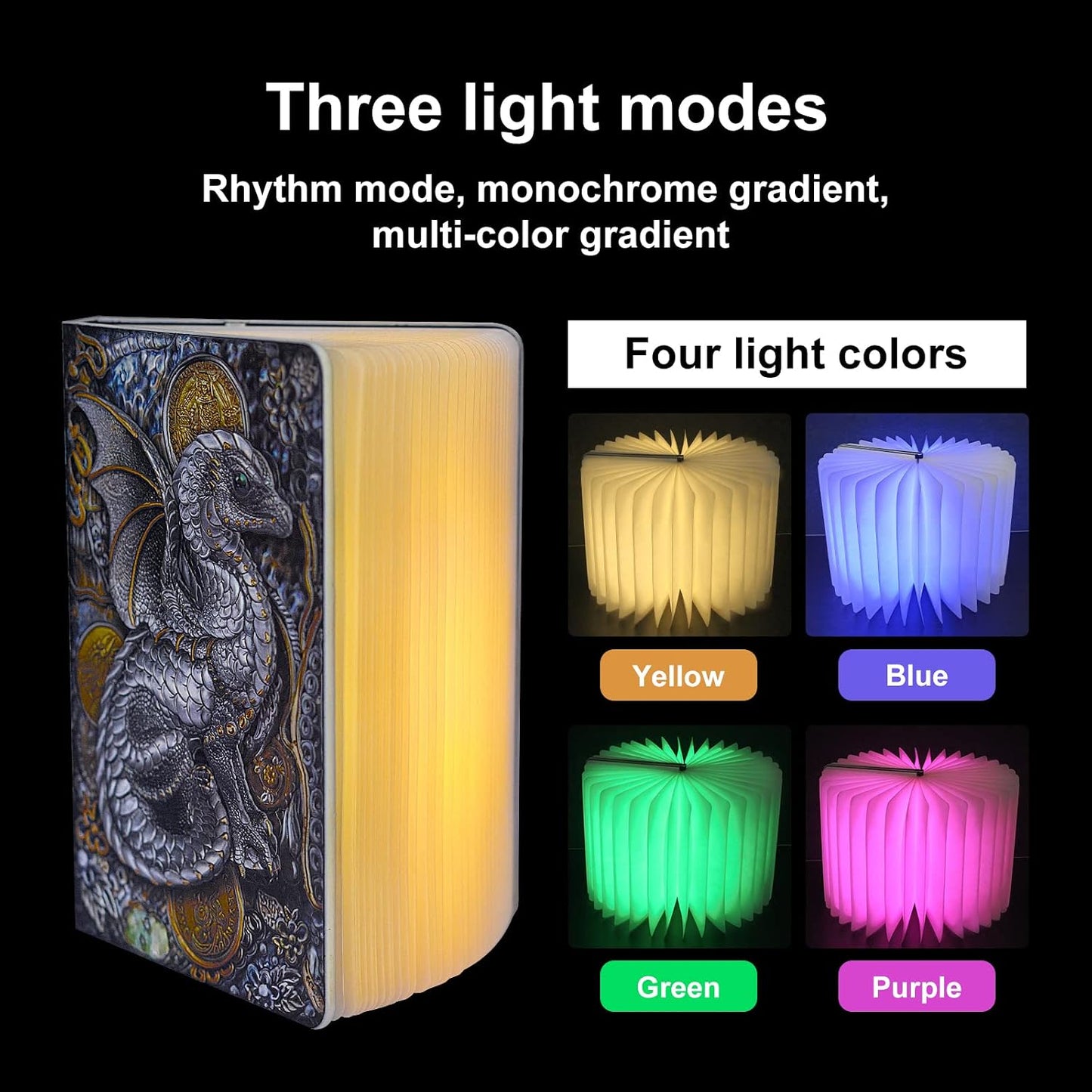 QXMGCBOK Folding Book Lamp Dragon Night Light | Book Light as Gifts for Book Lovers,Portable Bedside Light 3 Colors