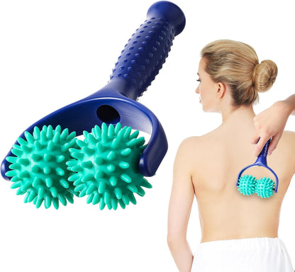 Handheld Spiky Massage Balls Rollers, 2 Wheel Spiky Massage Ball Rollers Silicone Manual Massage Roller with Handle Pressure Point Muscle Massage Tool for Foot Arm Body Neck Leg Pain Pressure Relief