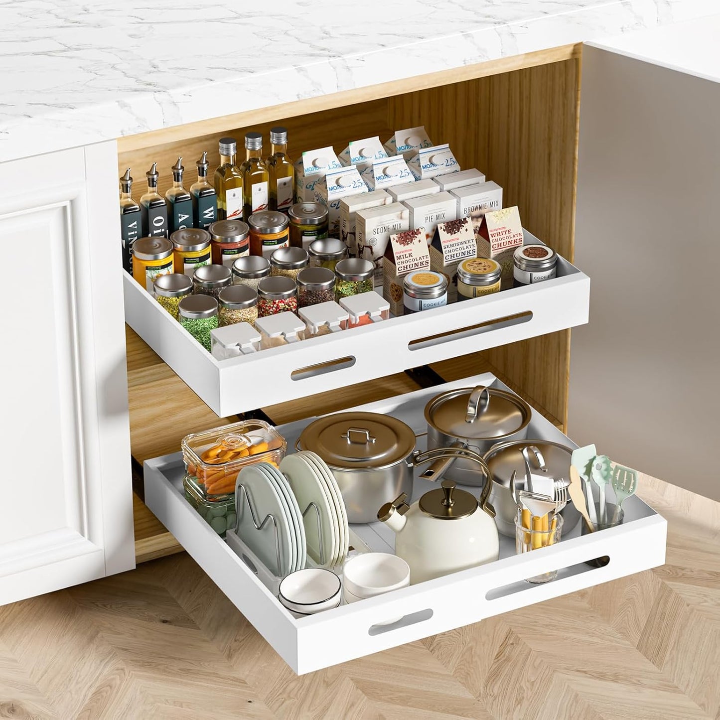 HBL' 1 Pack | 21" Deep Pull Out Cabinet Organizer Adhesive, 10-Inch Wide Sturdy Carbon Steel Roll-Out Drawers, Designed for Frameless Cabinets, Slide-Out Shelves for Pantry.