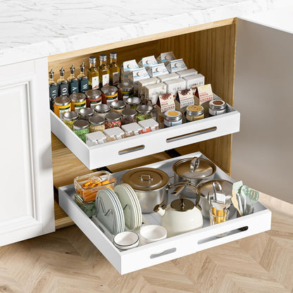 HBL' 1 Pack | 21" Deep Pull Out Cabinet Organizer Adhesive, 10-Inch Wide Sturdy Carbon Steel Roll-Out Drawers, Designed for Frameless Cabinets, Slide-Out Shelves for Pantry.