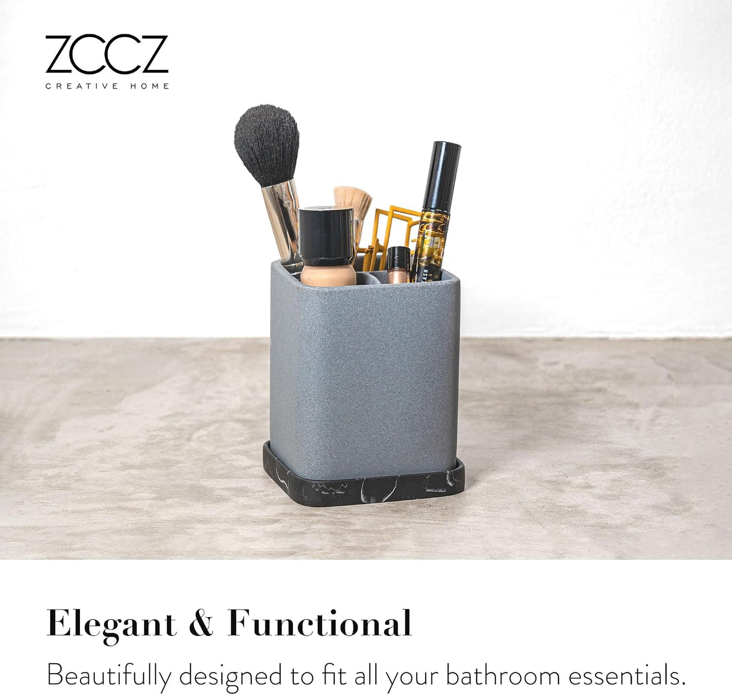 Marble Look Toothbrush Holder for Bathroom Countertop Organizer, Holds Toothpaste, Dental Floss, Razor, Comb, Makeup Brushes, and More, Stylish Bathroom Accessory for Tooth Brushing Essentials