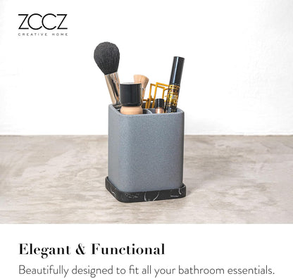 Marble Look Toothbrush Holder for Bathroom Countertop Organizer, Holds Toothpaste, Dental Floss, Razor, Comb, Makeup Brushes, and More, Stylish Bathroom Accessory for Tooth Brushing Essentials