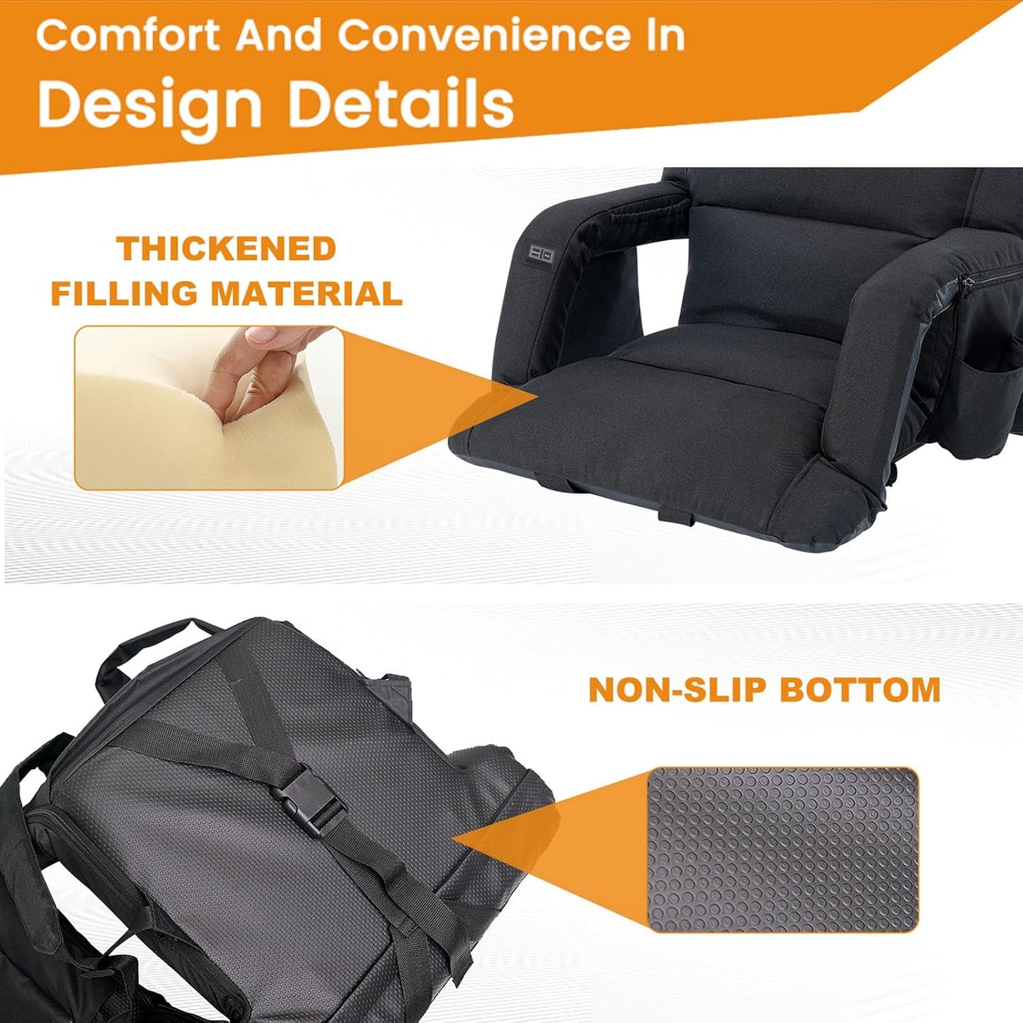 25in 5.12" Extra Thick&Wide Heated Stadium Seat for Bleachers | Sofa Style Design Thick Bleacher Chair With Back and Comfy Cushion, 6 Reclining Positions, 3 Heat Levels (NO Battery)