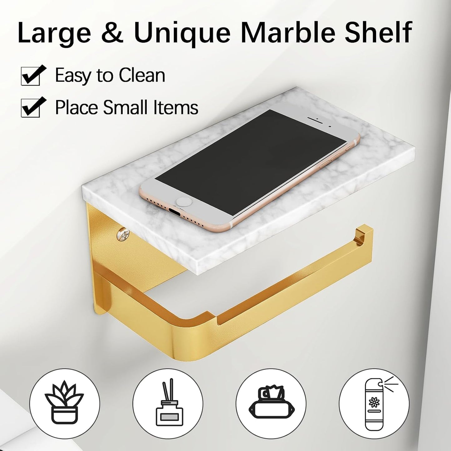 Gypie Toilet Paper Holder with Marble Shelf, Wall Mounted Matte Black | Toilet Roll Holder Black for Bathroom Washroom, Extended Base
