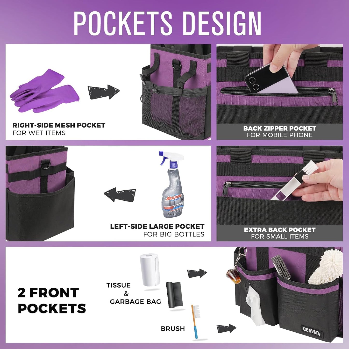 SCAVATA Compact Wearable Cleaning Caddy with Handle & Shoulder Straps | Small Cleaning Supplies Organizer, Under Sink & Car Cleaning Tools Storage Bag for Housekeepers Cleaners, Black