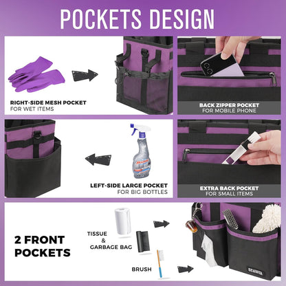 SCAVATA Compact Wearable Cleaning Caddy with Handle & Shoulder Straps | Small Cleaning Supplies Organizer, Under Sink & Car Cleaning Tools Storage Bag for Housekeepers Cleaners, Black