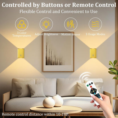 Eneru Motion Sensor Wall Sconce, Rechargeable Wireless Lights Indoor 2 Pack | 5000mAh battery powered, remote 3CCT dimmable, cordless magnetic mount, motion night light for hallway closet bathroom stair