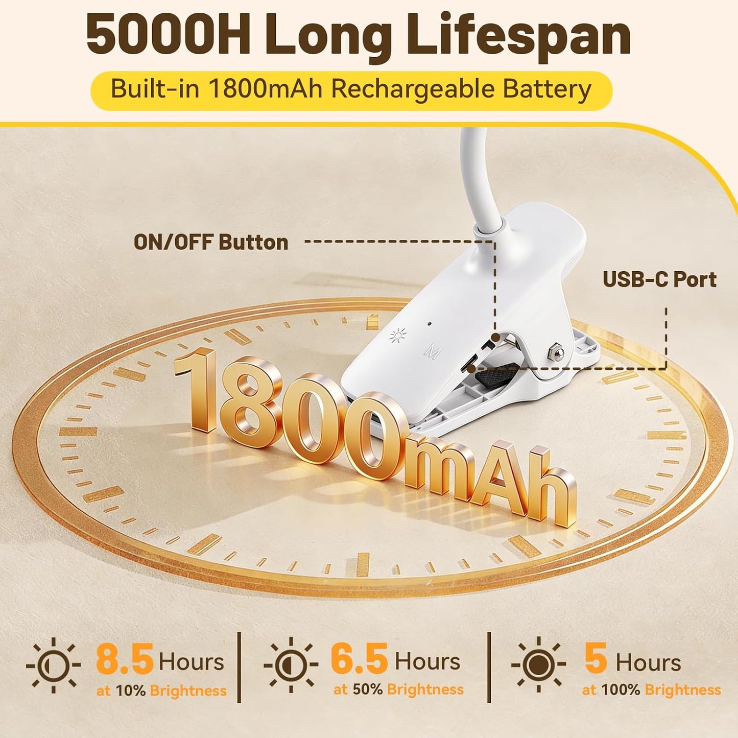 Clip on Reading Light for Bed Headboard, 5 Colors & 5 Brightness, Black | Rechargeable Battery with Large Clamp, Flexible Neck Desk Lamp, Eye Protection LED Touch Control Book Light for Kids