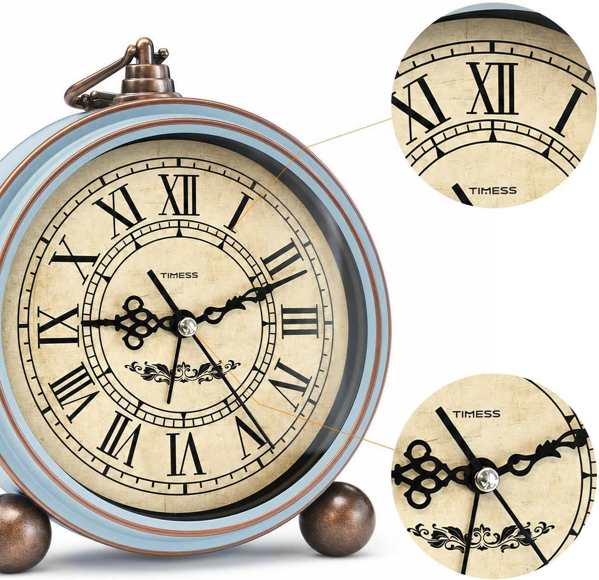 TIMESS 4.3-Inch Vintage Analog Alarm Clock, Silent Non-Ticking, Brown