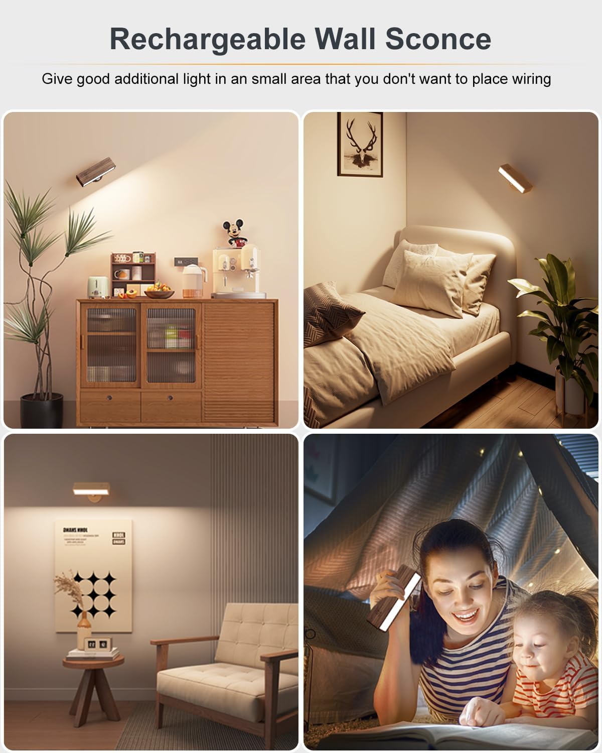 DetarZinLED Wall Lights Battery Operated Wooden,Magnetic Wall Sconces Rechargeable,Adhesive Wall Lights for Bedroom,Dimmable Wall Mounted Bedside Lamp,Cordless Battery Wall Sconce for Bedroom Reading