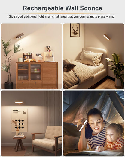 DetarZinLED Wall Lights Battery Operated Wooden,Magnetic Wall Sconces Rechargeable,Adhesive Wall Lights for Bedroom,Dimmable Wall Mounted Bedside Lamp,Cordless Battery Wall Sconce for Bedroom Reading