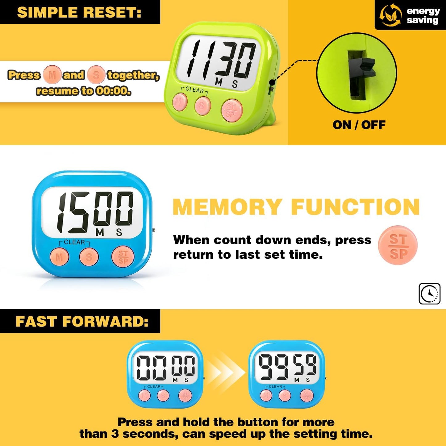 AOUCE Digital Timer for Kids Classroom Timers for Teacher 2 Pack Blue Green | Large Screen, Strong Magnetic, Loud Alarm, Countdown, Pomorodo, Stopwatch, Kitchen Timers for Cooking, Teacher Supplies