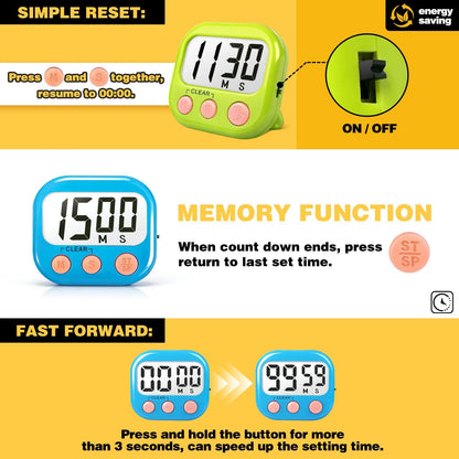 AOUCE Digital Timer for Kids Classroom Timers for Teacher 2 Pack Blue Green | Large Screen, Strong Magnetic, Loud Alarm, Countdown, Pomorodo, Stopwatch, Kitchen Timers for Cooking, Teacher Supplies