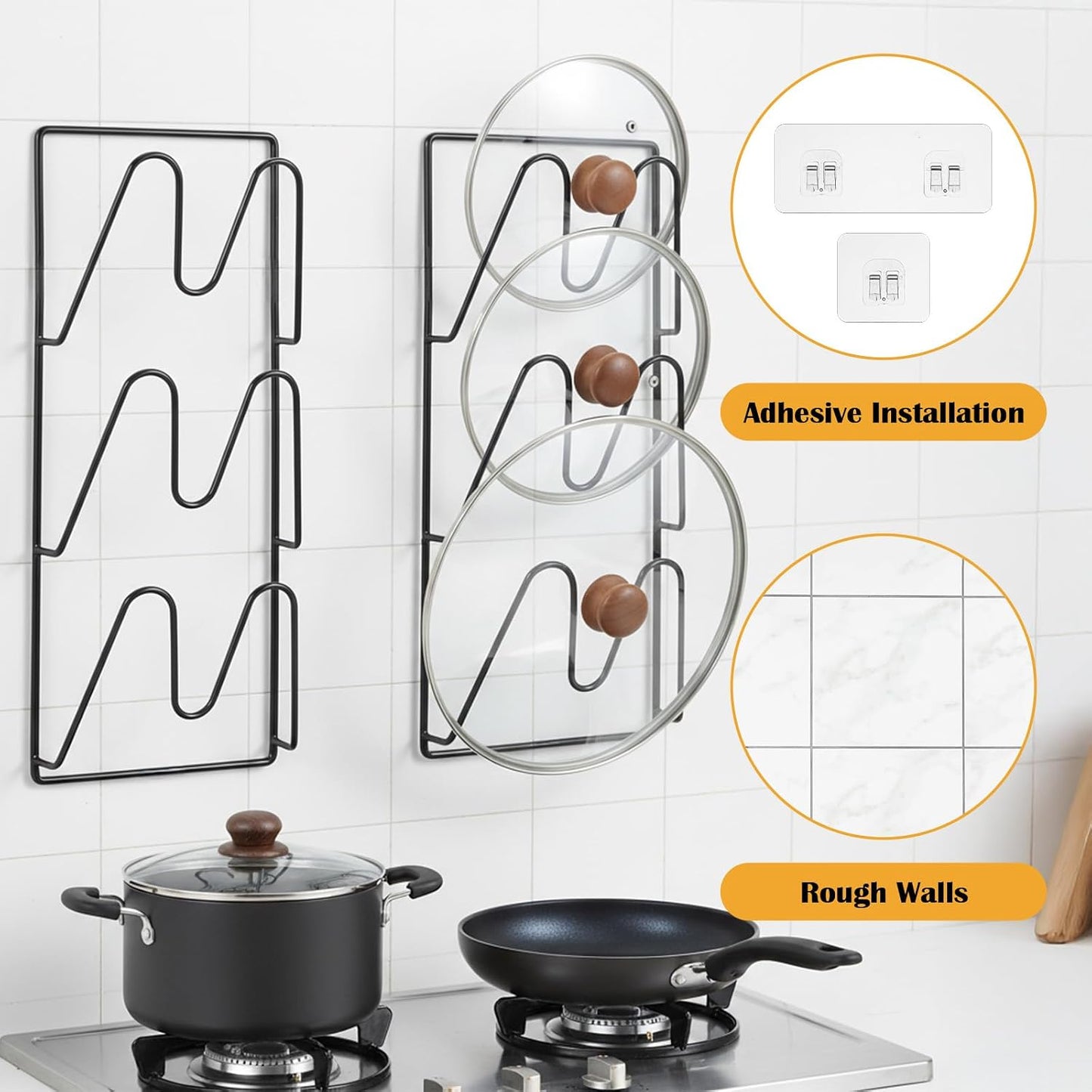 4 Pcs Pot Lid Organizer Rack, 12-Tier Adhesive Mount No Drilling Lid Holder for Cabinet Door and Wall, Rustproof Black Kitchen Storage Solution for Pots and Pans